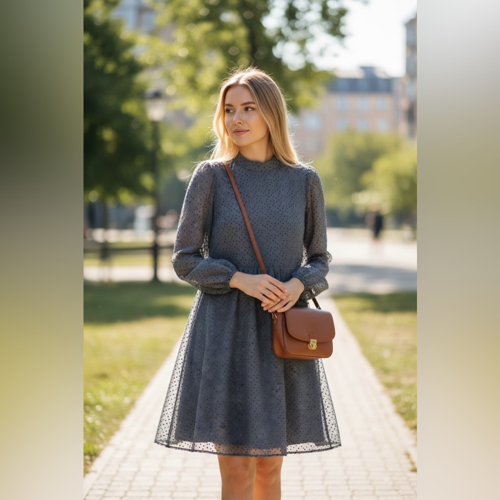 Black Long-Sleeve Polka Dot A-Line Dress – Sheer Sleeves, Lightweight & Feminine